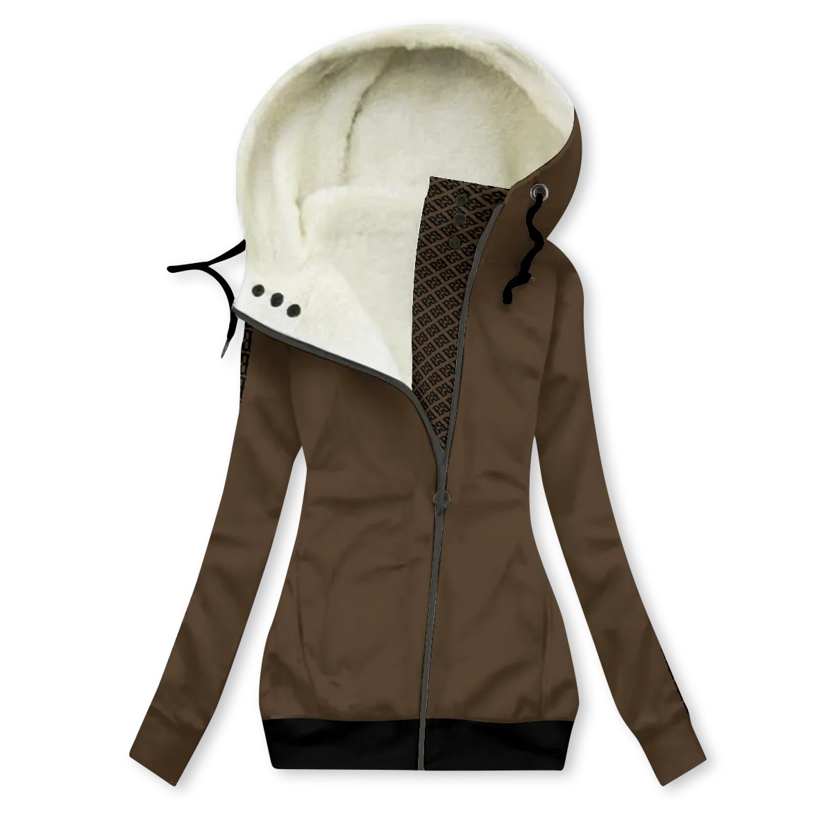 Women's long brown jacket with fleece lining and a fur hood.