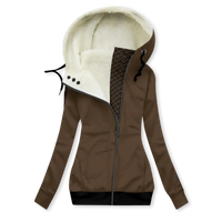 Women's long brown jacket with fleece lining and a fur hood.