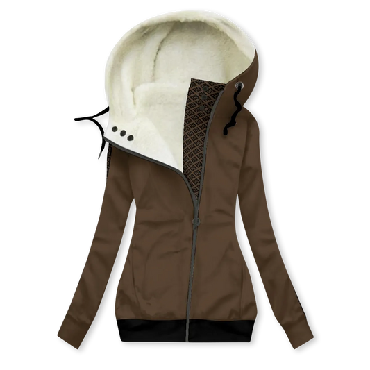 Women's long brown jacket with fleece lining and a fur hood.