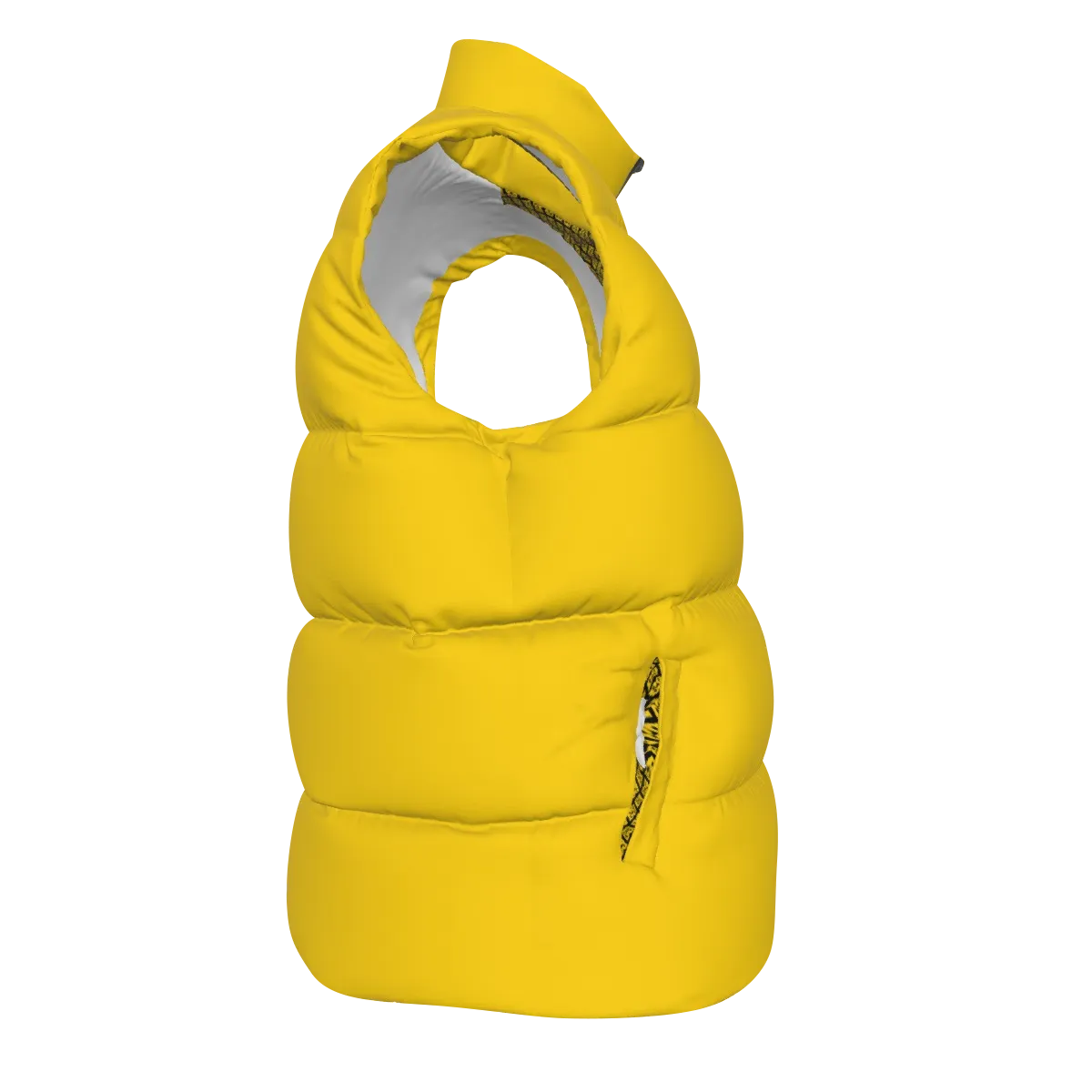 Side view of the yellow FBB Barrier puffer vest facing right, showing horizontal quilting and a pocket opening.
