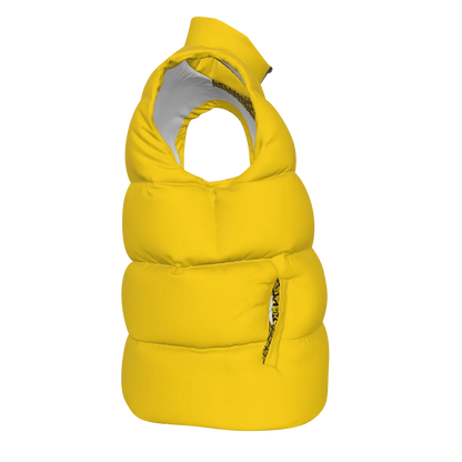 Side view of the yellow FBB Barrier puffer vest facing right, showing horizontal quilting and a pocket opening.
