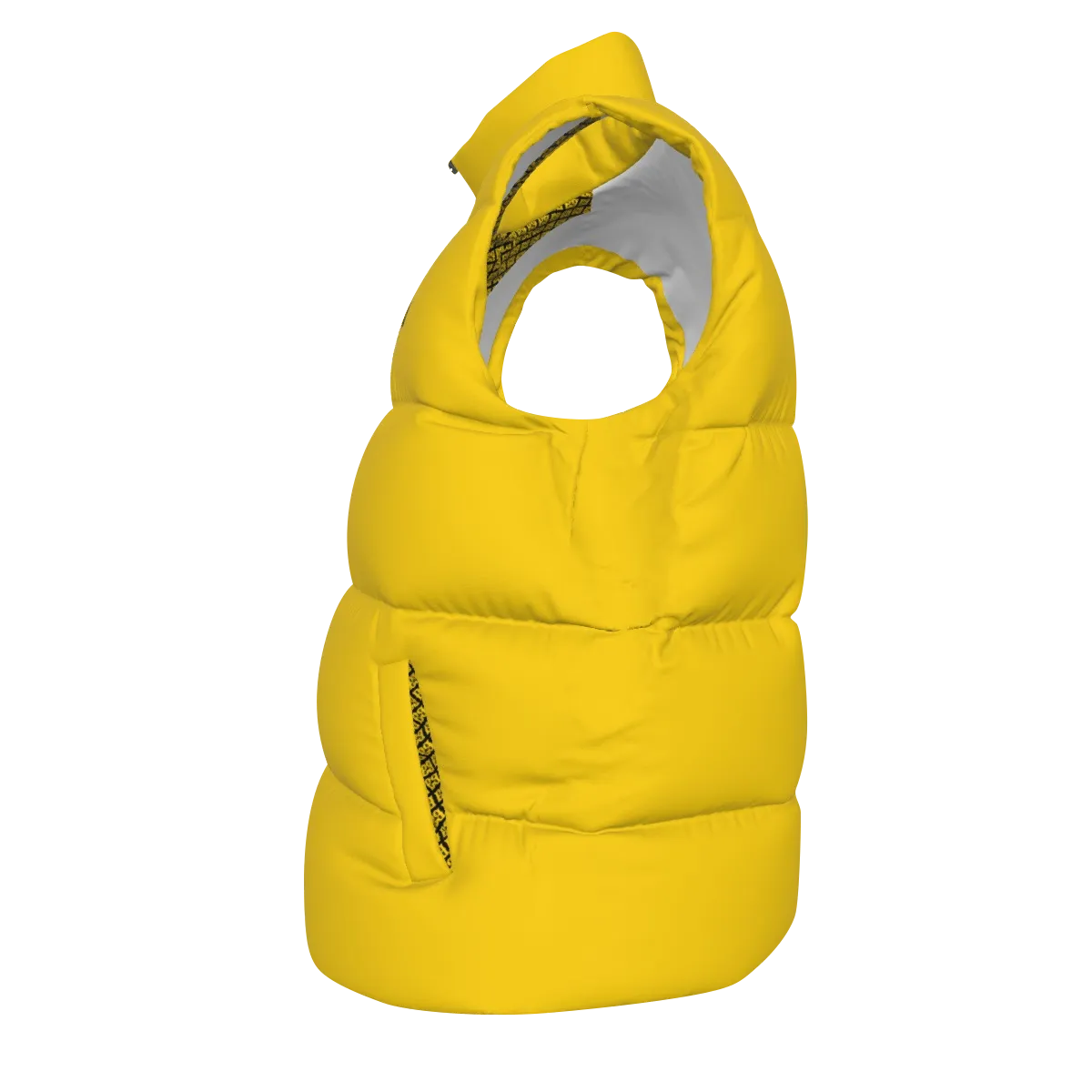 Side view of the yellow FBB Barrier puffer vest facing left, showing horizontal quilting and a pocket opening.
