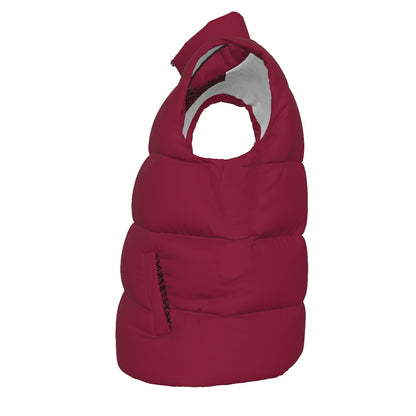 Side view of the Burgundy FBB Barrier puffer vest facing left, showing horizontal quilting and a pocket opening.
