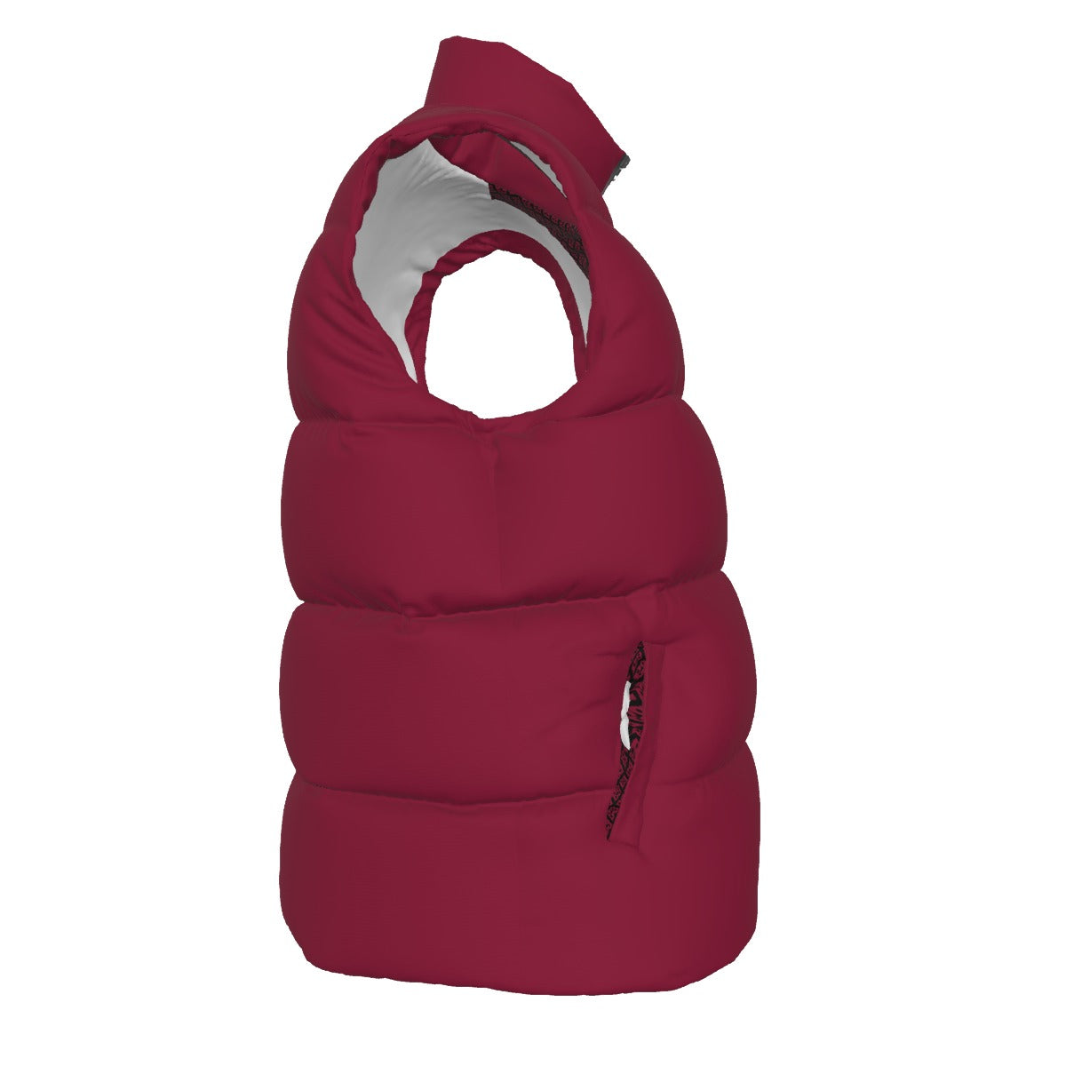 Side view of the Burgundy FBB Barrier puffer vest facing right, showing horizontal quilting and a pocket opening.