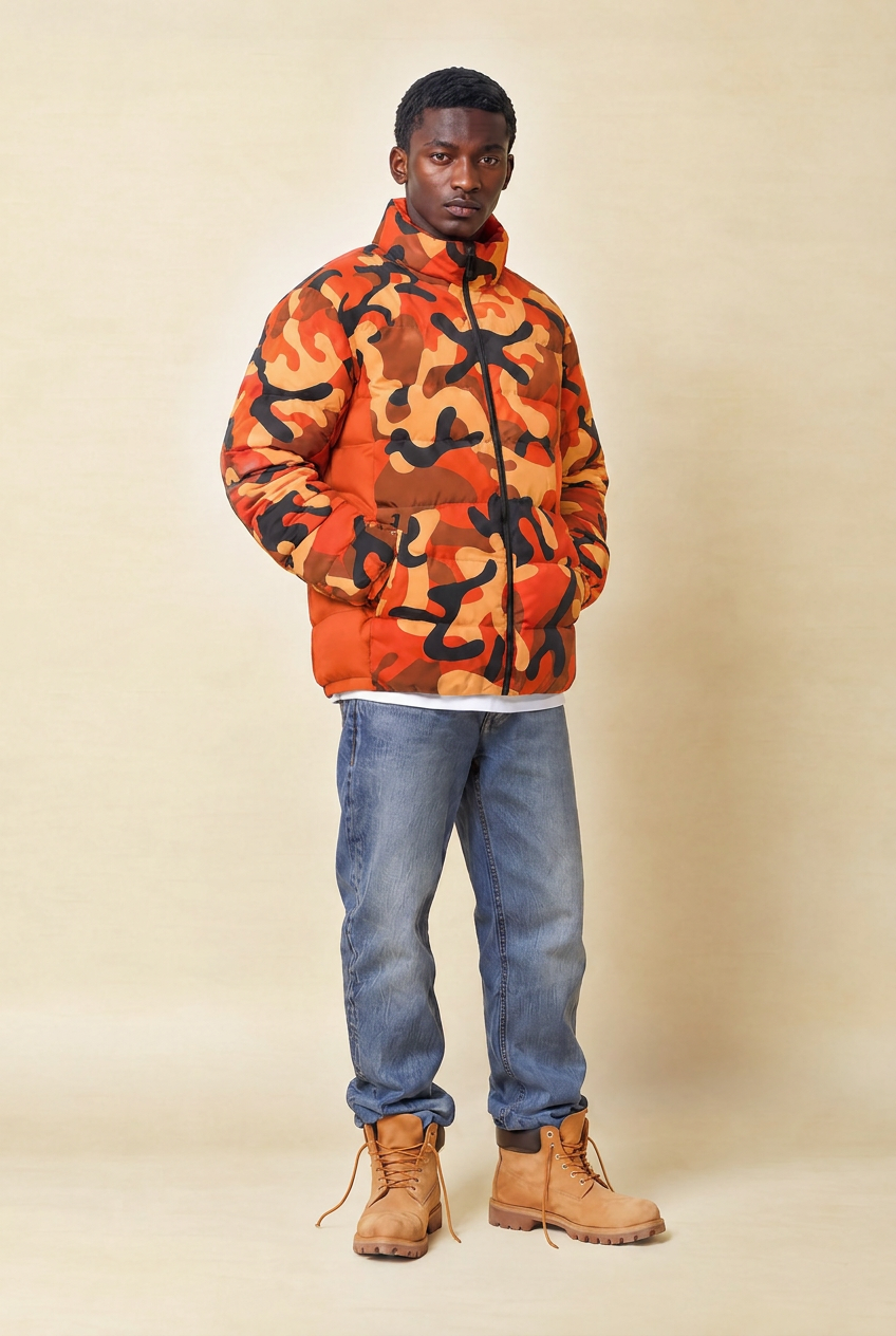 Orange camo outfit in a 2:3 portrait frame
