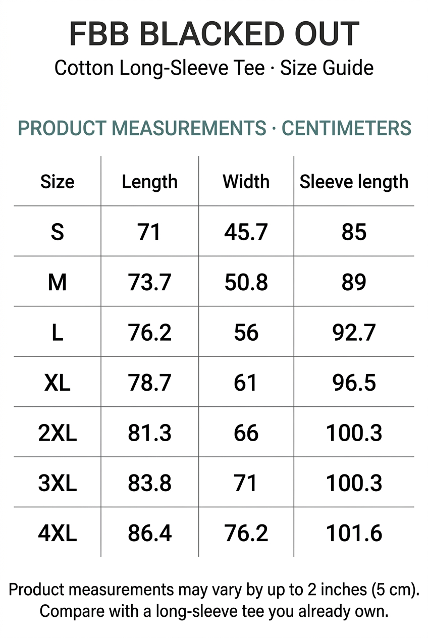 Redesigned FBB Blacked Out long-sleeve tee size chart