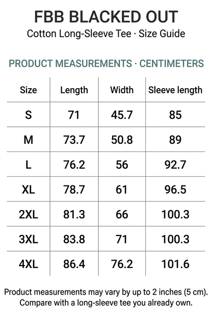 Redesigned FBB Blacked Out long-sleeve tee size chart