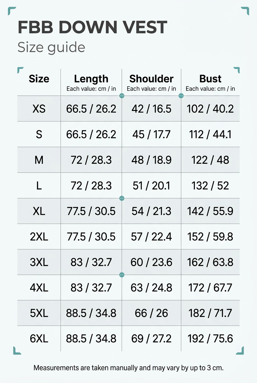 Redesigned FBB Down Vest size chart