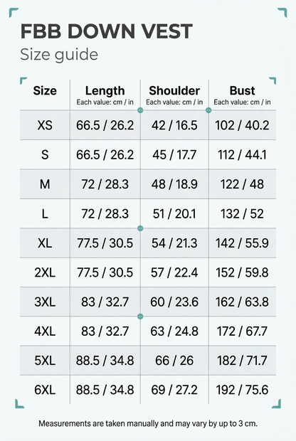 Redesigned FBB Down Vest size chart