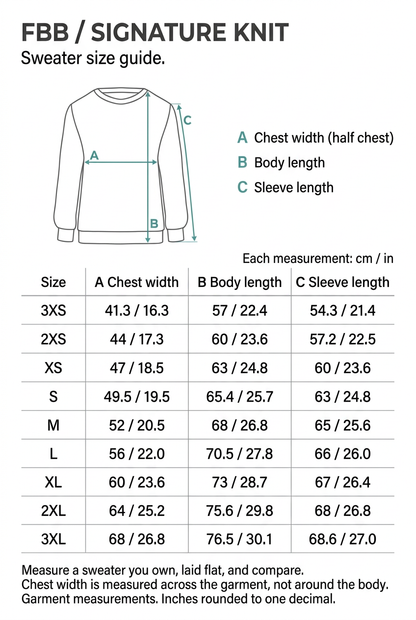 Redesigned FBB Signature Knit sweater size chart