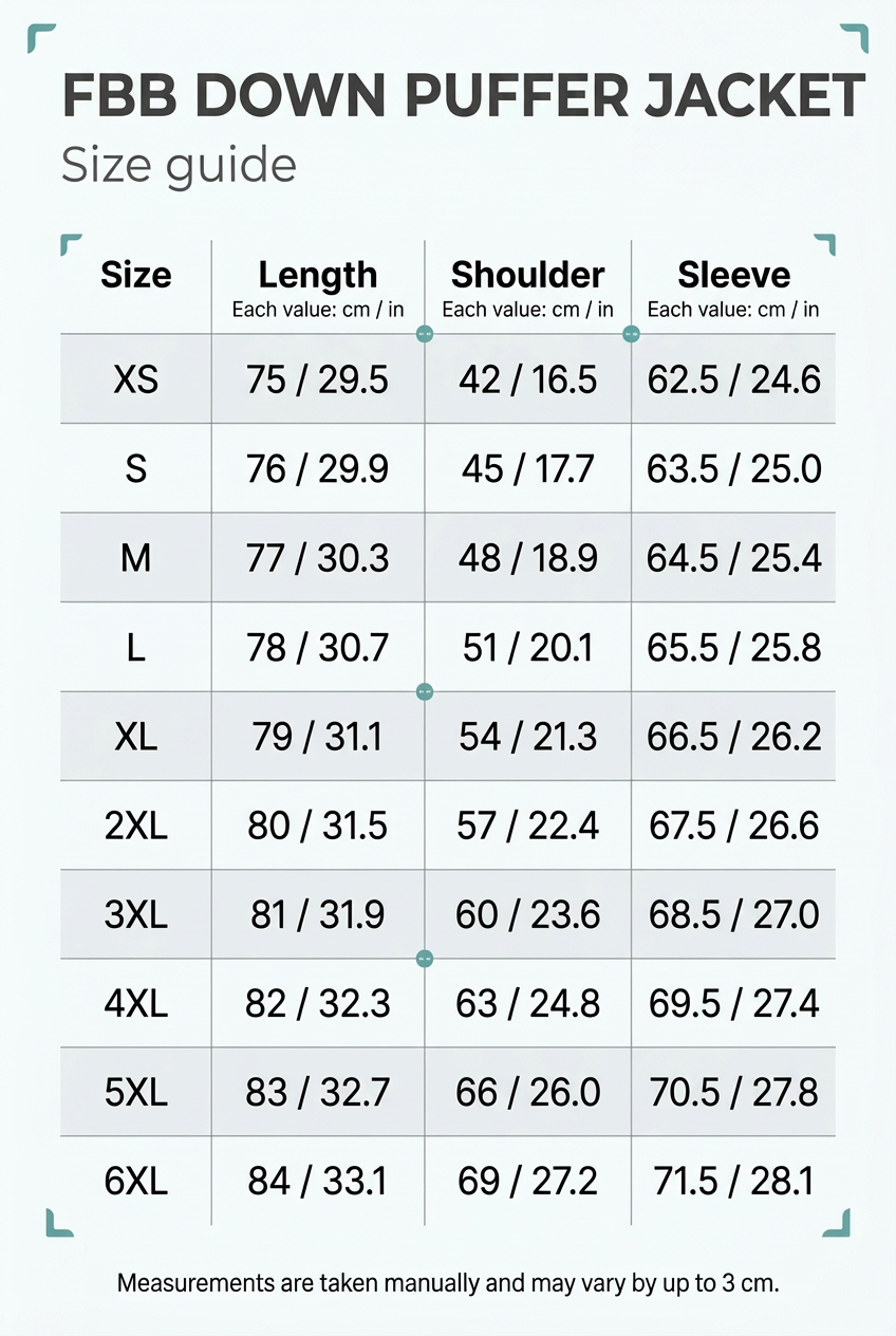 Updated FBB Down Puffer Jacket size chart