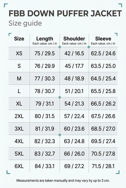 Updated FBB Down Puffer Jacket size chart